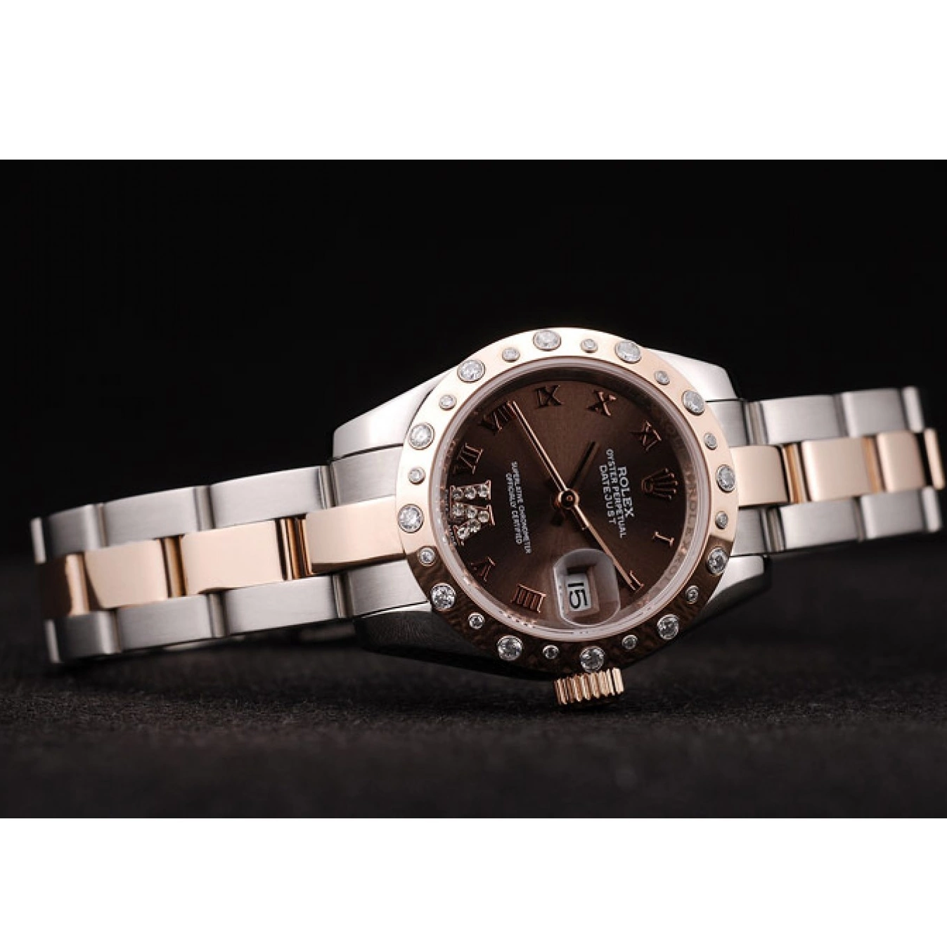 AAA replica watch Dial Plated DateJust Diamond Stainless Steel Brushed Brown Case Rolex 0709